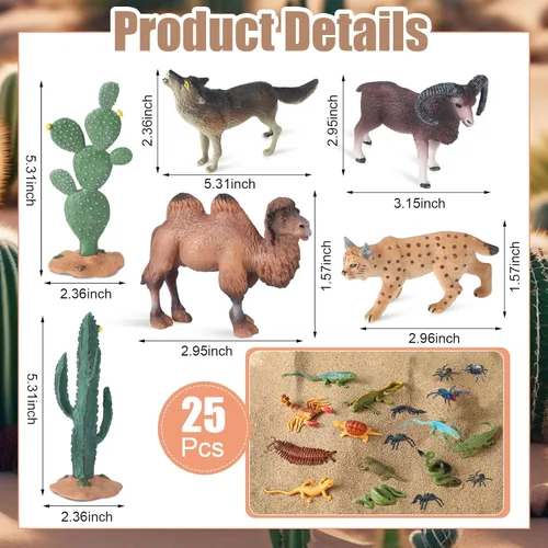 Miniatura 2 de MiniInflat Juego de 25 figuras de animales del desierto para proyectos escolares, juguetes de diorama del desierto para niños con cactus de camello
