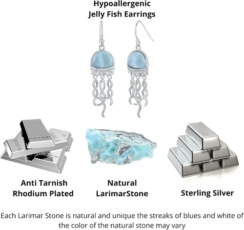 Miniatura 25 de Beaux Bijoux Aretes de plata de ley azul larimar para mujer, joyería natural de larimar, diseño de animales marinos, pez de pulpo de tortuga