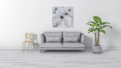 Miniatura 8 de SYGALLERIER Arte abstracto de pared de flores, pintura al óleo floral gris y blanca con adornos de lámina dorada, arte de pared de lienzo hecho a