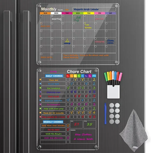 Miniatura 9 de Calendario acrílico magnético negro de borrado en seco para refrigerador, mensual y semanal/tabla de planificación de tareas para niños, adultos