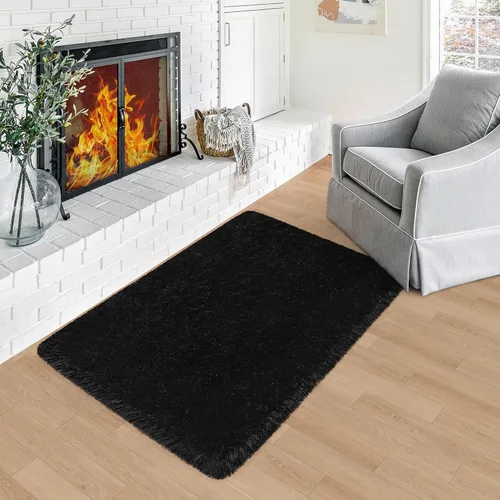 Alfombras pequeñas de 2 x 3 pies para dormitorio, mini alfombra de área de 2 x 3 pies, color negro, alfombra mullida y esponjosa, alfombras suaves y