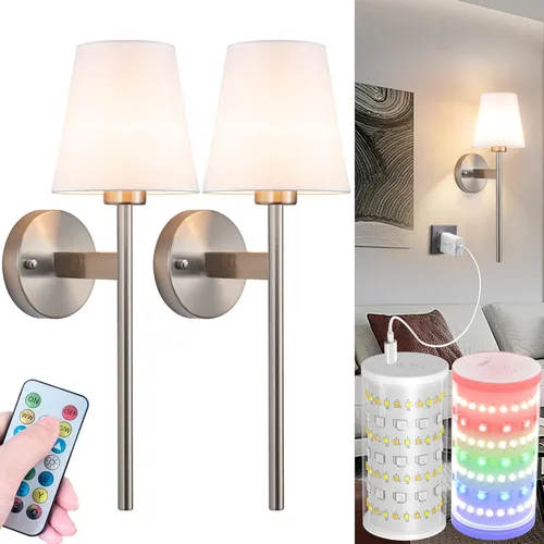 Miniatura 21 de Juego de 2 apliques de pared a pilas, luz de pared inalámbrica con bombilla magnética recargable RGB de 10000 mAh, aplique de pared recargable