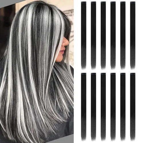 Miniatura 21 de Paquete de 12 extensiones de cabello de colores arcoíris, mechones para fiestas, 22 pulgadas, extensiones de cabello coloridas con clip, mechones