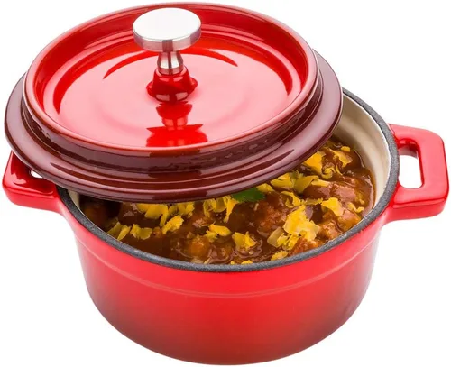 Restaurantware Mini cacerola de 8 onzas, 1 mini horno holandés con tapa, esmaltado redondo de hierro fundido rojo, mini cocotte resistente para