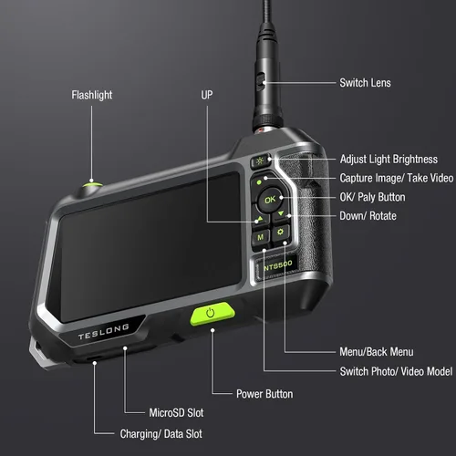 Miniatura 8 de Endoscopio de doble lente con monitor de 5", Cámara de inspección de boroscopio industrial resistente al agua Teslong NTS500 con lente doble de 0.21