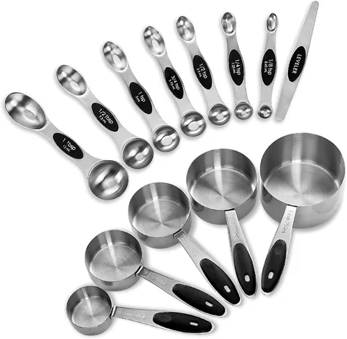 EDELIN Juego de tazas medidoras y cucharas medidoras magnéticas, acero inoxidable, 5 tazas y 7 cucharas (negro)
