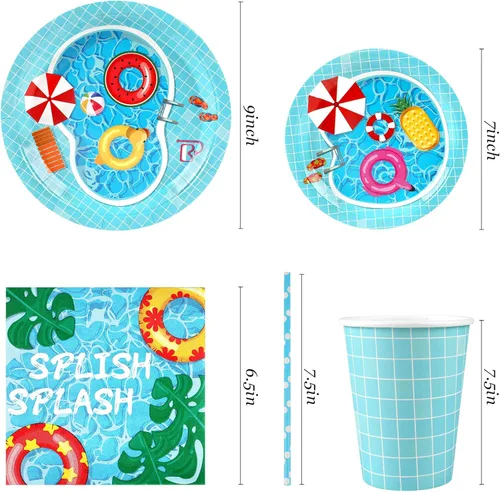 Miniatura 2 de Suministros y decoraciones para fiesta en piscina, juego de platos y servilletas de papel desechables de verano para niños con tazas y pajitas