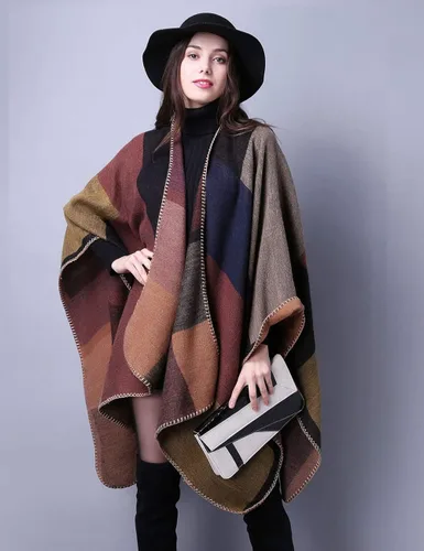 Miniatura 4 de Chal de punto para mujer a cuadros con parte delantera abierta tipo poncho tipo capa envolvente