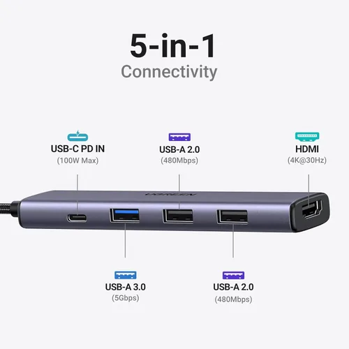 Miniatura 2 de UGREEN Adaptador multipuerto USB C 5 en 1 Revodok 105 4K HDMI, entrega de energía de 100 W, 3 puertos de datos USB-A, dongle USB C para MacBook