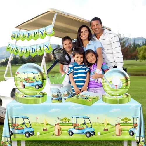 Miniatura 5 de Decoraciones de cumpleaños de golf, suministros de fiesta deportiva de golf, incluye servilletas desechables y platos llanos de golf, decoraciones