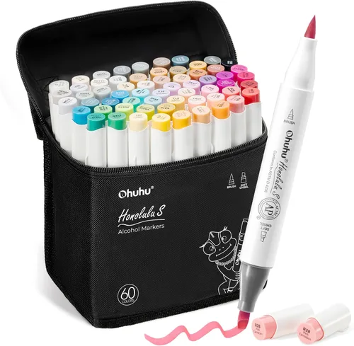 Marcadores de Alcohol Ohuhu: Pincel y Marcadores de Dibujo de Punta Doble Cincel Suave de 60 Colores de Ilustración para Artista Principiante Adulto