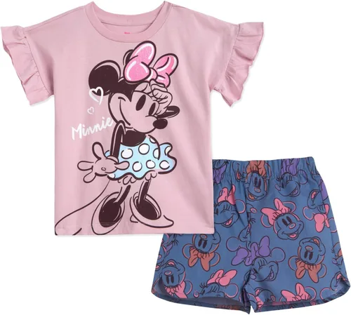Miniatura 38 de Disney Minnie Mouse - Conjunto de camiseta floral arcoíris y pantalones cortos de cambray, tallas de bebé a niño grande (12 meses - 14-16)