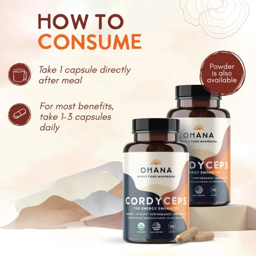 Miniatura 4 de Ohana Cordyceps, mezcla de hongos orgánicos, suplemento orgánico de hongos integrales USDA, sin OMG, sin gluten, botella de 90 cápsulas, paquete de 1