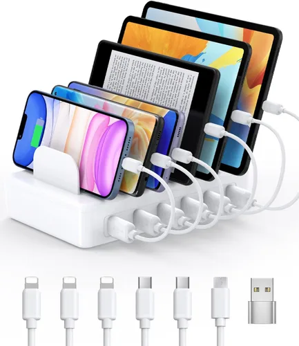 Miniatura 10 de CREATIVE DESIGN Estación de carga múltiple de 50 W y 6 puertos con 6 cables de carga, base de carga USB para múltiples dispositivos, compatible