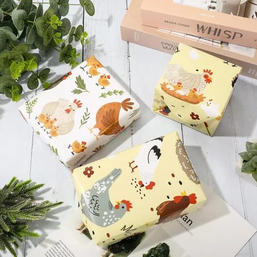 Miniatura 4 de JarThenaAMCS 8 hojas de papel de regalo de animales de granja, no enrollado, papel de regalo de pollo plegado plano para manualidades, baby shower