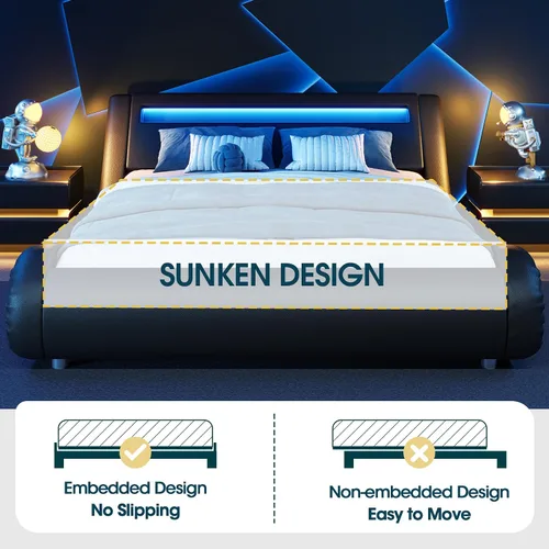 Miniatura 7 de WEEWAY Moderno marco de cama matrimonial con cabecera de luces LED RGBW, diseño de trineo tapizado de perfil bajo, soporte de listones de madera