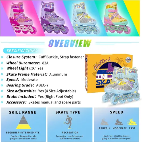 Miniatura 6 de Mammygol Patines en línea para niñas y niños, 4 tamaños ajustables para niñas de 3 a 12 años con ruedas iluminadas y protección de seguridad, regalo