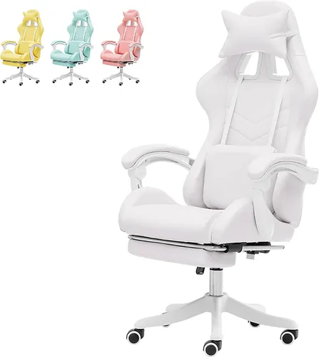 Miniatura 11 de Linda silla de juegos con reposapiés, sillas de videojuegos de respaldo alto, silla Kawaii de piel sintética con soporte lumbar y reposacabezas