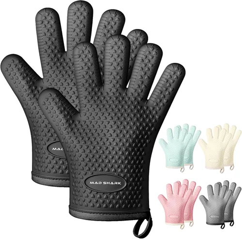 MAD SHARK Manoplas de horno de silicona resistentes al calor de 450 grados, guantes de horno impermeables y antideslizantes con dedos, guantes de