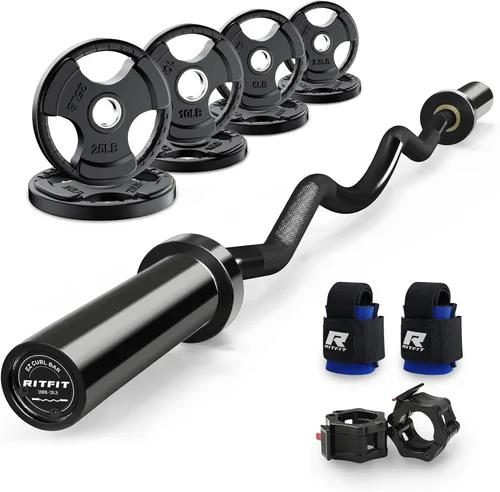 Miniatura 18 de RitFit Barra de rizo EZ de 2 pulgadas con pesas, barra olímpica de capacidad de 350 libras para bíceps y tríceps, entrenamiento de fuerza