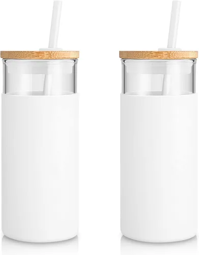 Miniatura 10 de Tronco - Vaso de vidrio de 20 onzas, botella de agua con pajilla, funda protectora de silicona y tapa de bambú, sin bisfenol A, ámbar, 8