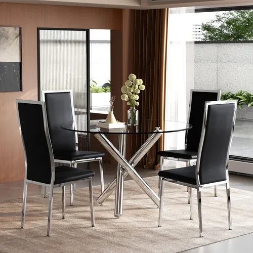 Miniatura 48 de Moderno juego de mesa redonda de cristal para 2, juego de mesa de cocina de círculo pequeño de 36 pulgadas con 2 sillas de comedor de piel sintética