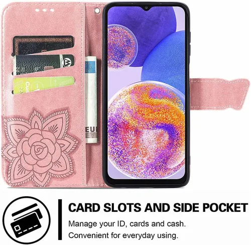 Miniatura 3 de Funda para Samsung Galaxy A23, Samsung A23 4G/5G, piel sintética de alta calidad con diseño de flor de mariposa en relieve, función atril, ranuras