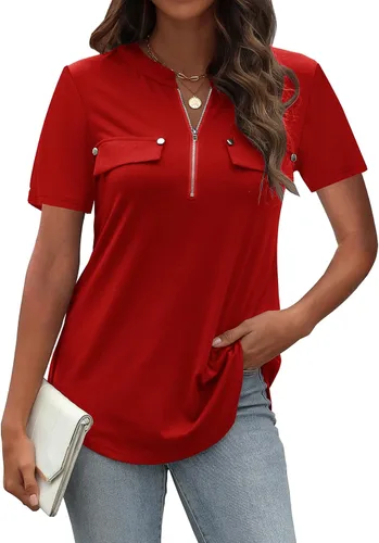 Miniatura 4 de Camisa LuckyMore de manga corta, con cierre zipper, de oficina, de trabajo, informal, suelta, para mujer