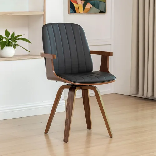Miniatura 12 de Juego de 2 sillas de comedor giratorias, modernas de mediados de siglo con artesanía de nogal, piel sintética tapizada, brazos y patas de madera