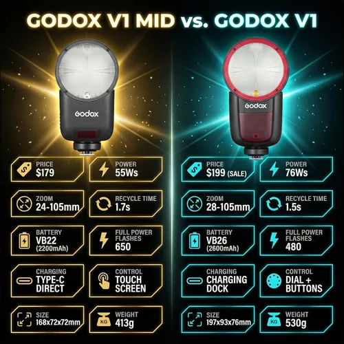 Miniatura 5 de Godox V1 MID C Flash para Canon, pantalla táctil Speedlite de cabeza redonda de 55 W, actualización de 0.945 in, 650+Full Power Pops, reciclaje