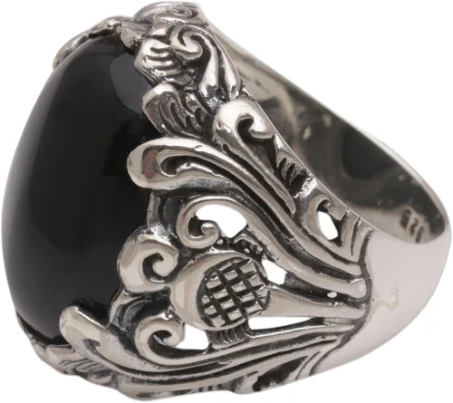 Miniatura 4 de NOVICA Anillo de cóctel floral de plata de ley 925 de ónix negro