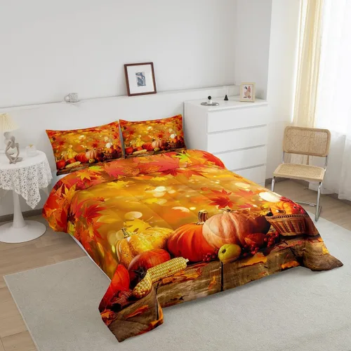 Miniatura 2 de Erosebridal Edredón de Halloween, edredón de otoño con hojas de plumón para dormitorio, decoración de sala de estar, farol de calabaza, juego
