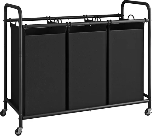 Miniatura 14 de LINZINAR Clasificador de ropa sucia de 3 bolsas, carrito cesto de ropa sucia con ruedas rodantes resistentes y con bloqueo y bolsas removibles