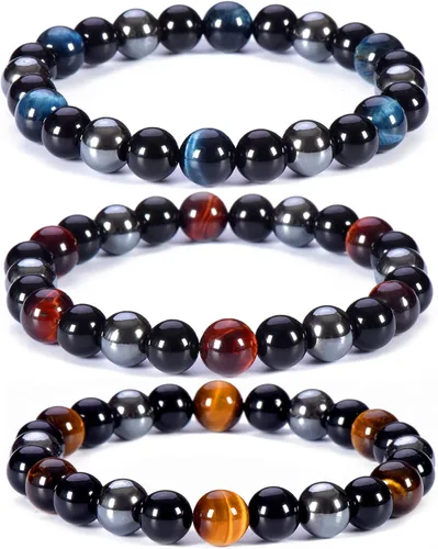 Miniatura 8 de SAMXY Triple Protection Bracelet, 8mm Healing Crystal Bead Bracelet, 3pcs Blue Red Tiger's Eye Obsidian Hematite Bracelet Women Men
