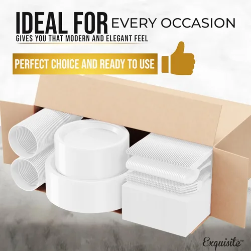 Miniatura 3 de Party Solids 350 Piezas Platos de Plástico Blanco Para Fiestas, Juego de Platos Desechables Blancos, 50 de Cada Juego de Platos para Cena de 9