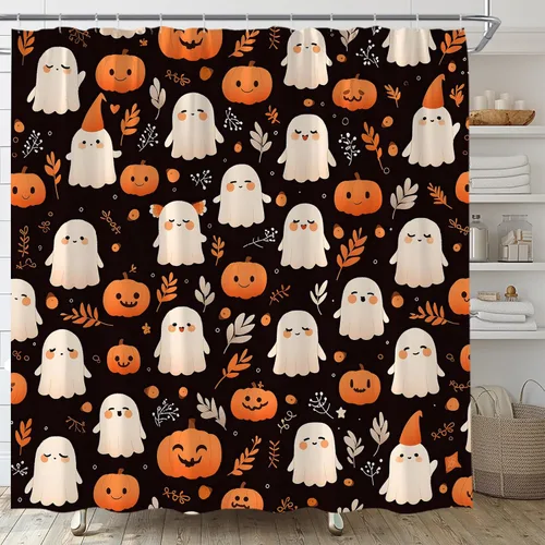 Miniatura 3 de Cortina de ducha de fantasma de Halloween, diseño de calabaza espeluznante, hojas retro, divertida tela de dibujos animados para decoración de baño