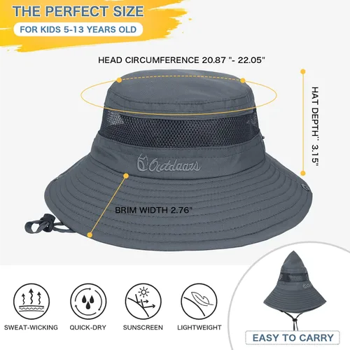 Miniatura 6 de Sombrero de sol para niños con protección solar UPF 50+, sombrero de pescador para niños y niñas, ala ancha, verano, playa, pesca, safari, sombrero
