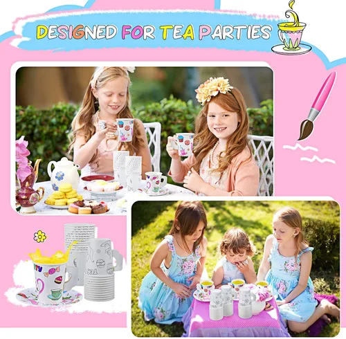 Miniatura 6 de Lenwen Juego de 48 tazas de fiesta de té con asa, tazas y platos de papel de 8 onzas para colorear tú mismo, tazas y platos para aperitivos, postres