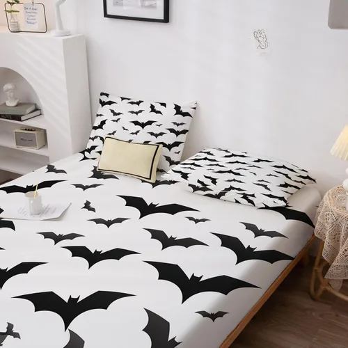 Miniatura 4 de Sábanas de murciélago tamaño individual – Juego de sábanas de Halloween para niños y niñas, juego de sábanas en blanco y negro, microfibra suave