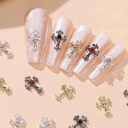 Miniatura 5 de Dijes de cruz 3D, 60 piezas de decoración de uñas de cruz de cristal dorado y plateado para arte de uñas, dijes de cruz de diamantes de imitación