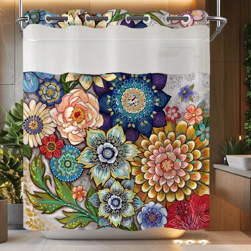 Miniatura 7 de Neasow Cortina de ducha sin gancho con forro a presión, cortinas de tela floral bohemia con forro interior impermeable con imanes ponderados