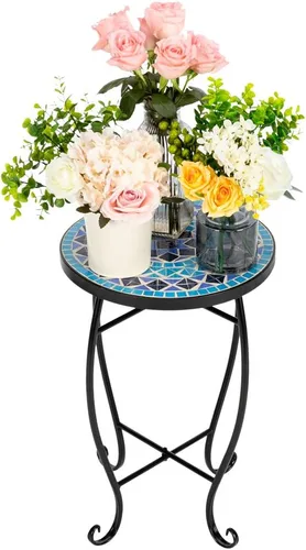 Miniatura 10 de Mesa auxiliar para exteriores, mesa auxiliar de patio, mesa de mosaico al aire libre, mesa de centro redonda para patio, porche, jardín, piscina