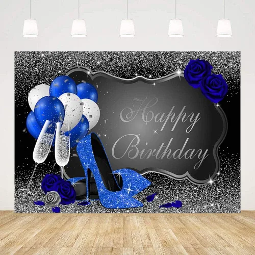 Miniatura 2 de MEHOFOND Telón de fondo de cumpleaños plateado y azul con purpurina para mujer, decoración de fiesta de cumpleaños, pancarta de tacón azul real