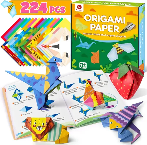 Mocoosy Kit de papel de origami de 224 hojas para niños de 5-8 y 8-12 años, conjunto de papel de colores plegable con libro de origami, suministros