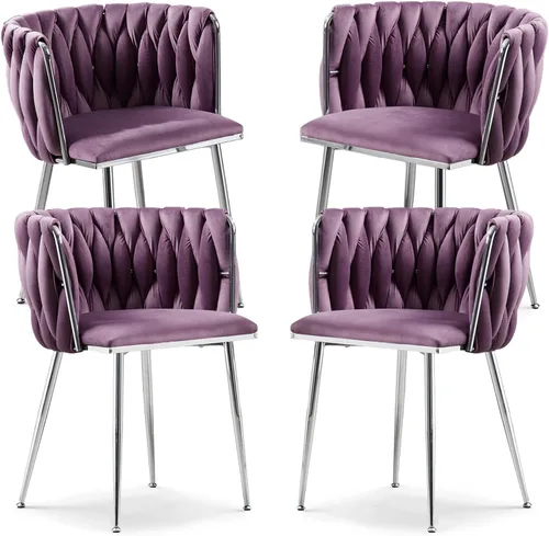 Miniatura 37 de Juego de 2 sillas de comedor de terciopelo, sillas laterales tapizadas tejidas con patas de metal negro, sillas decorativas modernas, sillas