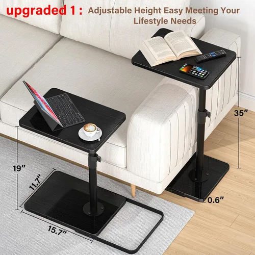 Miniatura 2 de Mesa C Mesa Auxiliar de Altura Ajustable, Bandeja de TV Giratoria 360°, Base Mejorada de Metal y Madera para Evitar Deslizamientos, Mesas de Negro