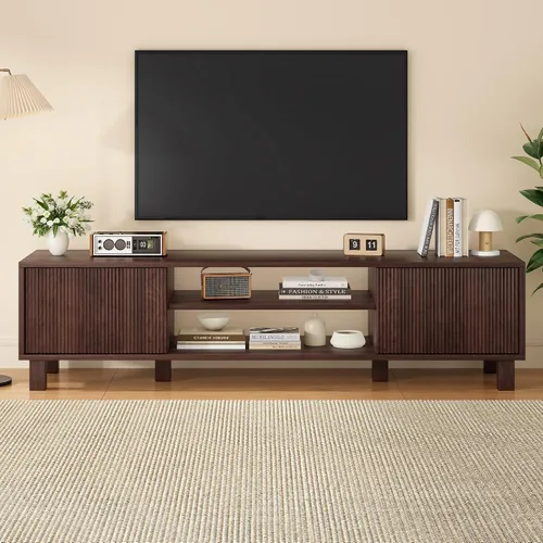 Miniatura 11 de Wood TV Stand for 65+ Inch TV, Boho Television Stand with Natural Rattan Sliding Doors & Adjustable Shelves, Entertainment Center Media Console for