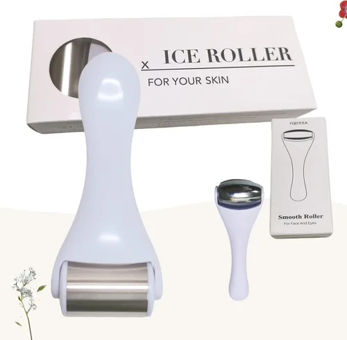 Miniatura 7 de Rodillo de hielo y masajeador para cara y ojos, acero inoxidable, 2 piezas, alivio del dolor, ojeras, migraña (blanco)