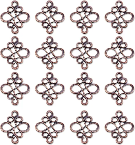 Miniatura 4 de 50 piezas de eslabones colgantes de nudo chino tibetano rojo cobre doble bucles vintage filigrana hueco encanto conectores 0.866x0.728 in