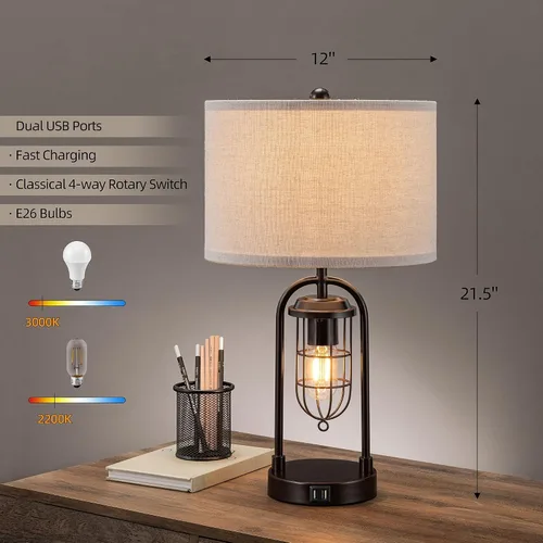 Miniatura 4 de Juego de 2 lámparas de mesa de granja con puertos USB y luz nocturna, lámpara moderna para mesita de noche para sala de estar y dormitorio